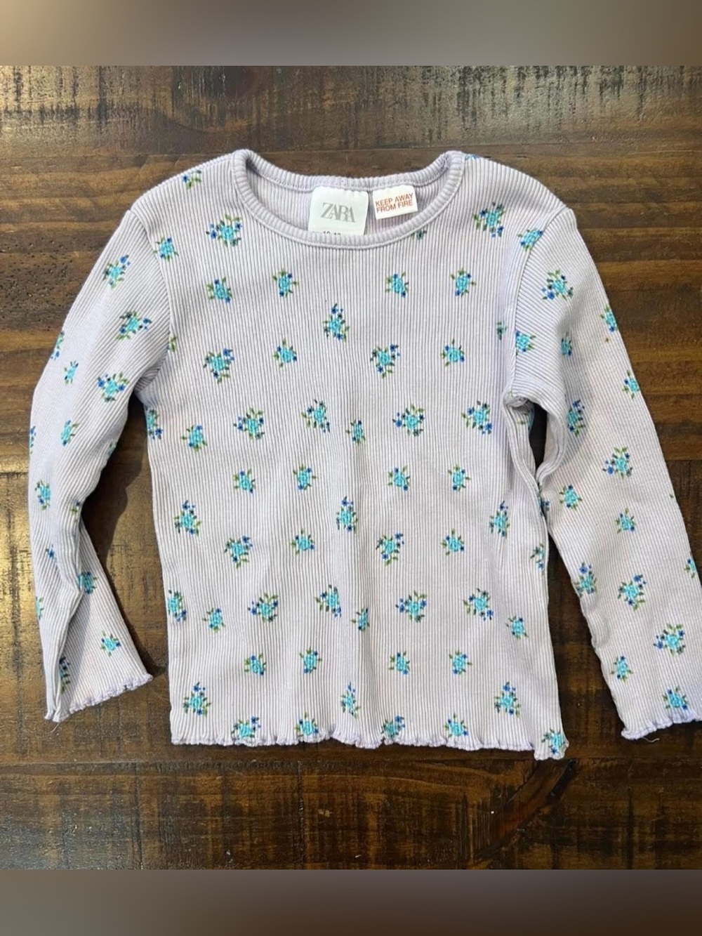 ZARA Lilac Ribbed Long-Sleeve Top with Blue Floral Print 12/18 months